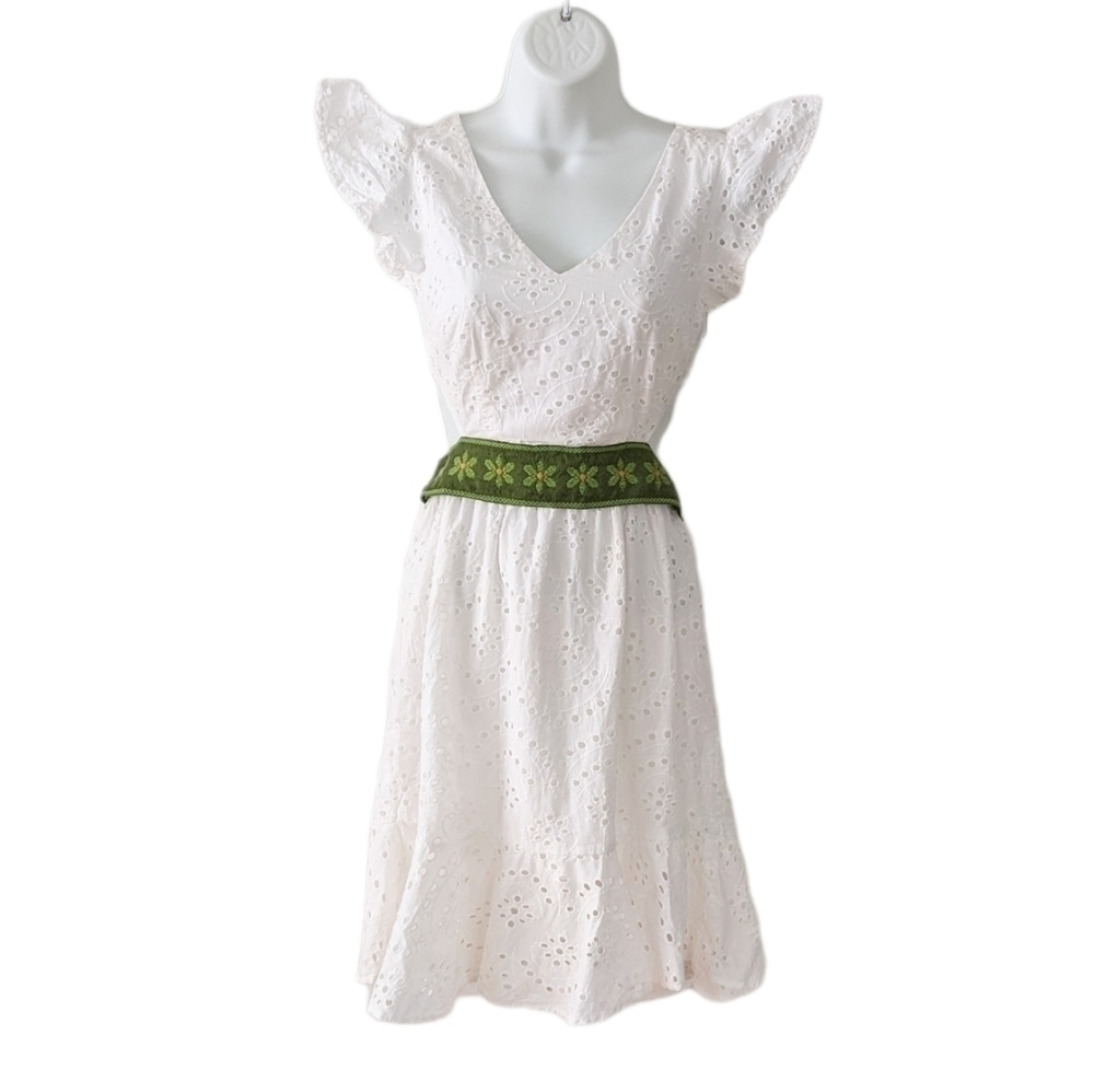 Japna embroidered see through flutter  sleeves dress white Reworked XS @z